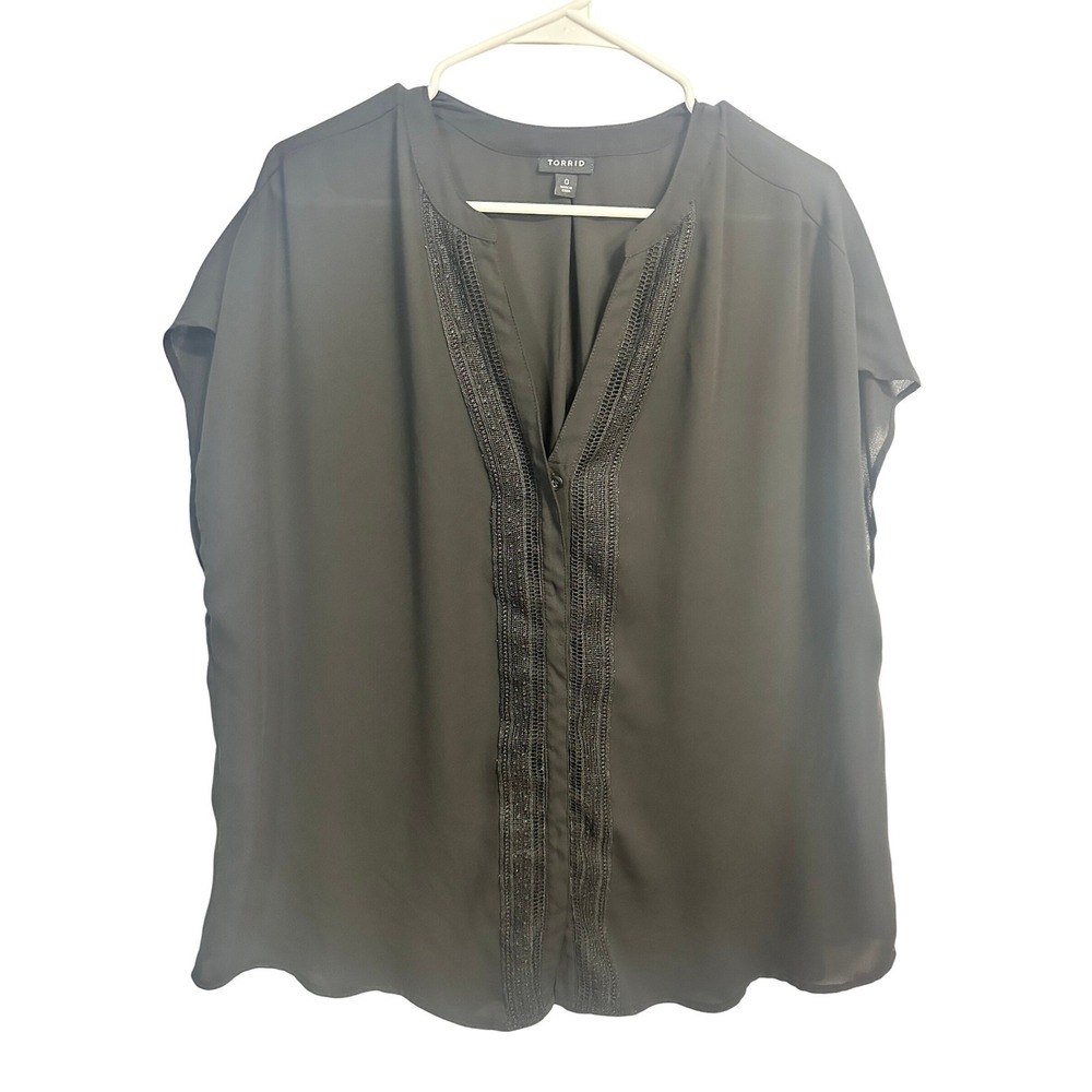 Torrid Black Chiffon Crochet Lace Trim V-Neck Blouse Top‎ Plus Size 0 L